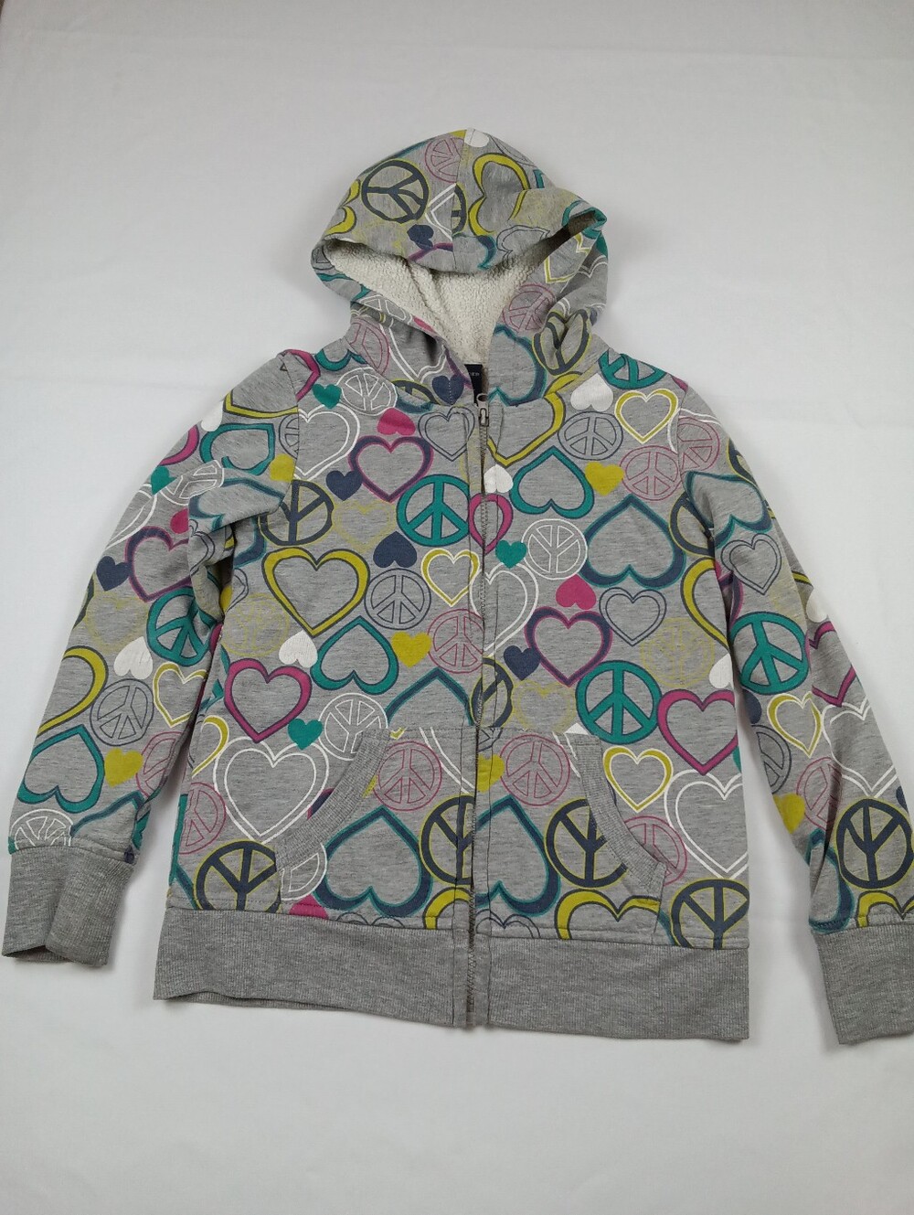Faded Glory Girls Hearts & Peace Signs Sherpa Lined Zip Hoodie Jacket Size L